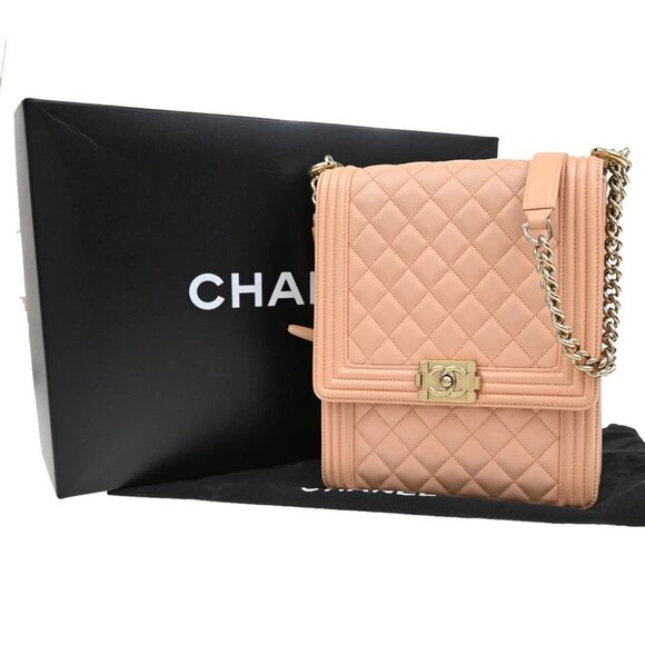 CHANEL Boy CC Logo Chain Shoulder Bag Lambskin Leather Pink GHW Italy - Picture 1 of 16